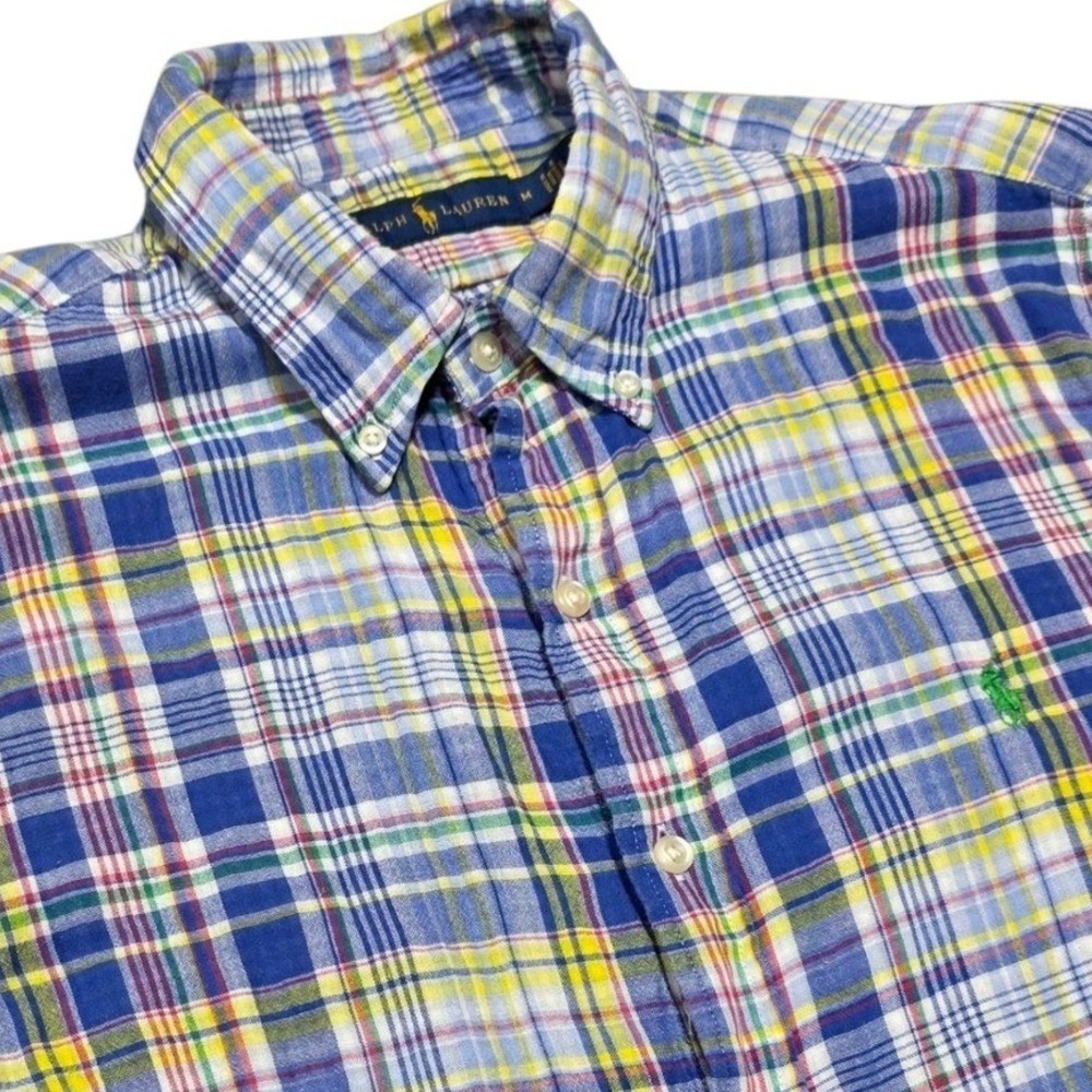 Ralph Lauren Button Down Shirt Mens Medium Blue Yellow Madras Plaid Short Sleeve